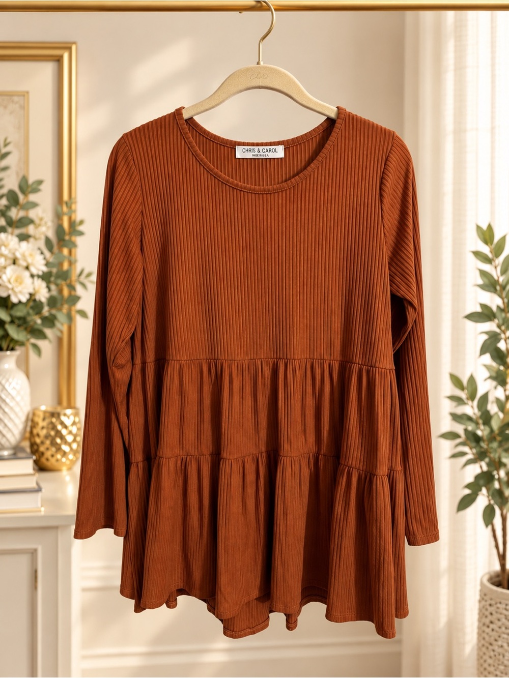 Chris & Carol Rust Orange Ribbed Tiered Babydoll Tunic Dress M Made USA